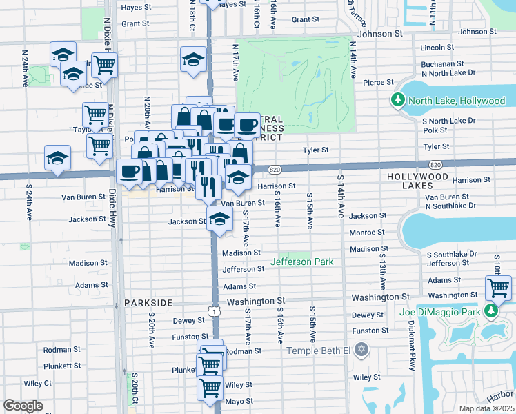 map of restaurants, bars, coffee shops, grocery stores, and more near 1647 Van Buren Street in Hollywood