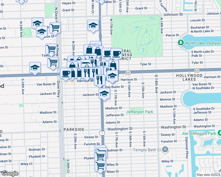 map of restaurants, bars, coffee shops, grocery stores, and more near 1727 Van Buren Street in Hollywood