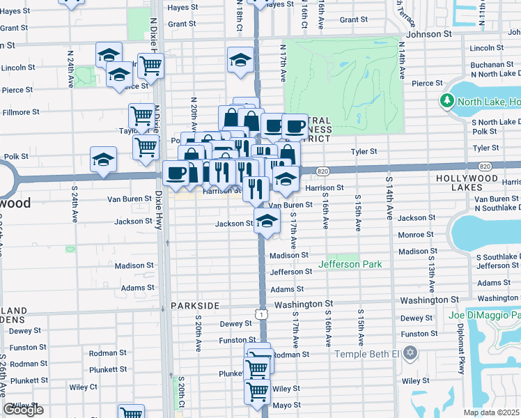 map of restaurants, bars, coffee shops, grocery stores, and more near 210 South Federal Highway in Hollywood
