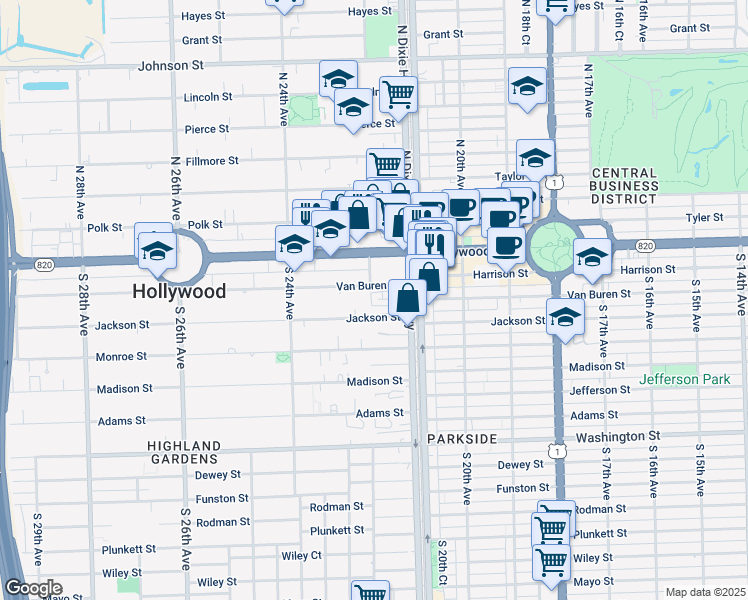 map of restaurants, bars, coffee shops, grocery stores, and more near 2150 Van Buren Street in Hollywood