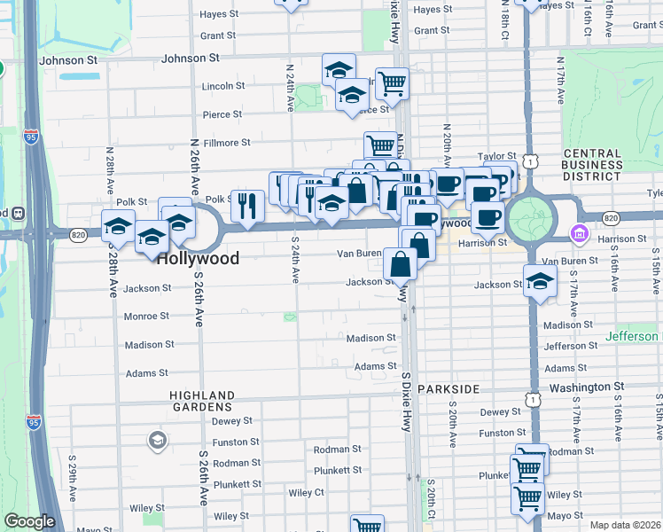 map of restaurants, bars, coffee shops, grocery stores, and more near 2240 Van Buren Street in Hollywood