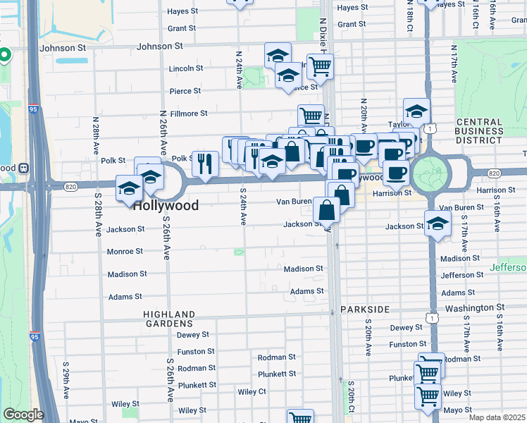 map of restaurants, bars, coffee shops, grocery stores, and more near 2240 Van Buren Street in Hollywood
