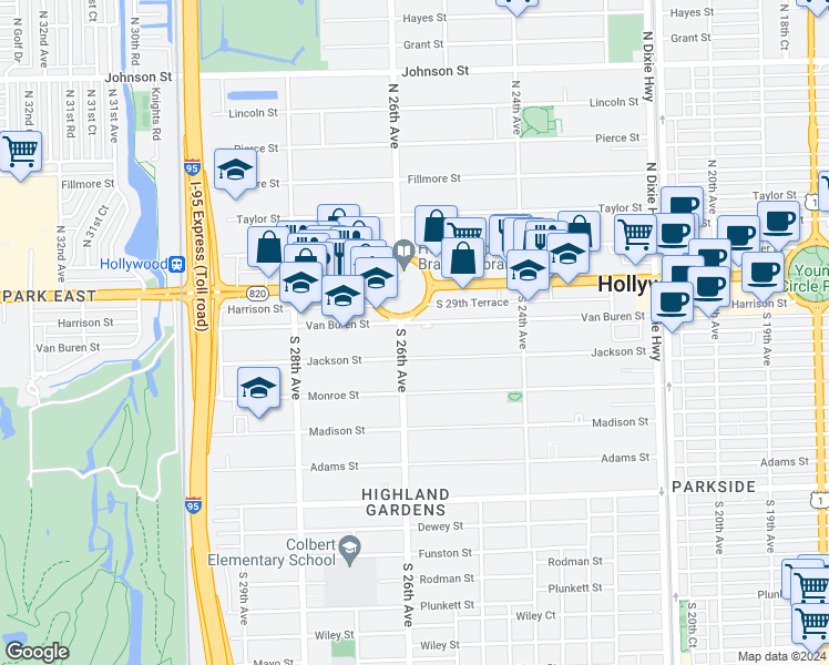 map of restaurants, bars, coffee shops, grocery stores, and more near in Hollywood
