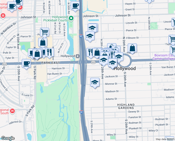 map of restaurants, bars, coffee shops, grocery stores, and more near 2919 Van Buren Street in Hollywood