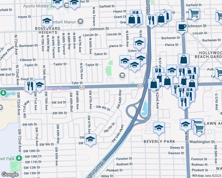 map of restaurants, bars, coffee shops, grocery stores, and more near 6501 Pines Boulevard in Hollywood