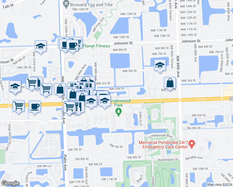 map of restaurants, bars, coffee shops, grocery stores, and more near 9620 Northwest 2nd Street in Pembroke Pines