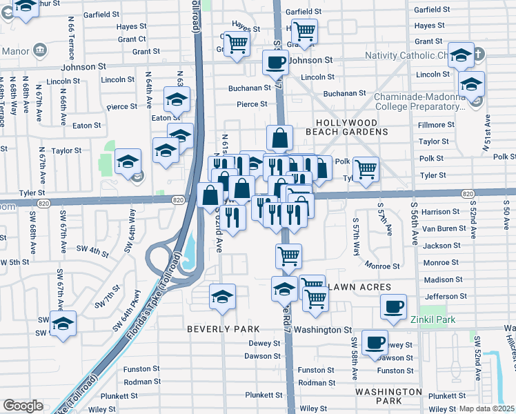 map of restaurants, bars, coffee shops, grocery stores, and more near 6099 Florida 820 in Hollywood