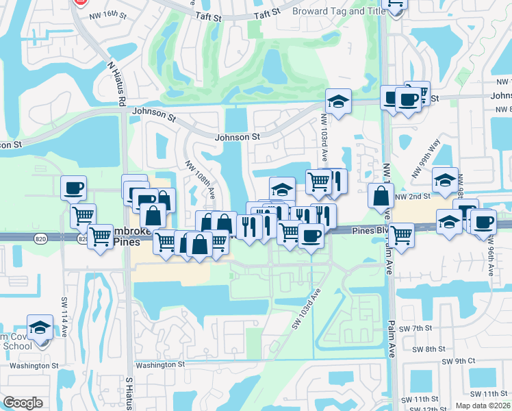 map of restaurants, bars, coffee shops, grocery stores, and more near 278 Northwest 106th Avenue in Pembroke Pines