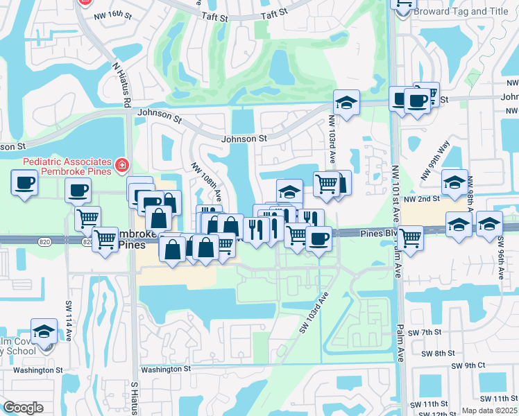 map of restaurants, bars, coffee shops, grocery stores, and more near 242 Northwest 106th Terrace in Pembroke Pines