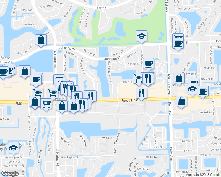 map of restaurants, bars, coffee shops, grocery stores, and more near 242 Northwest 106th Terrace in Pembroke Pines