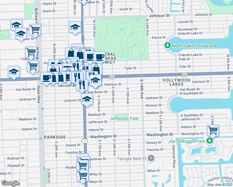 map of restaurants, bars, coffee shops, grocery stores, and more near 218 South 16th Avenue in Hollywood
