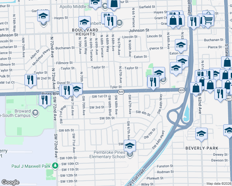 map of restaurants, bars, coffee shops, grocery stores, and more near 6720 Tyler Street in Hollywood