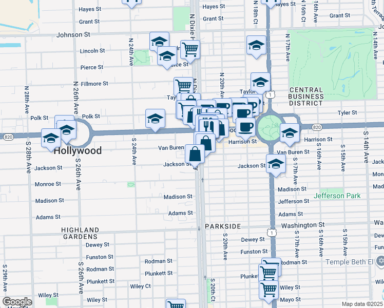 map of restaurants, bars, coffee shops, grocery stores, and more near 2100 Van Buren Street in Hollywood
