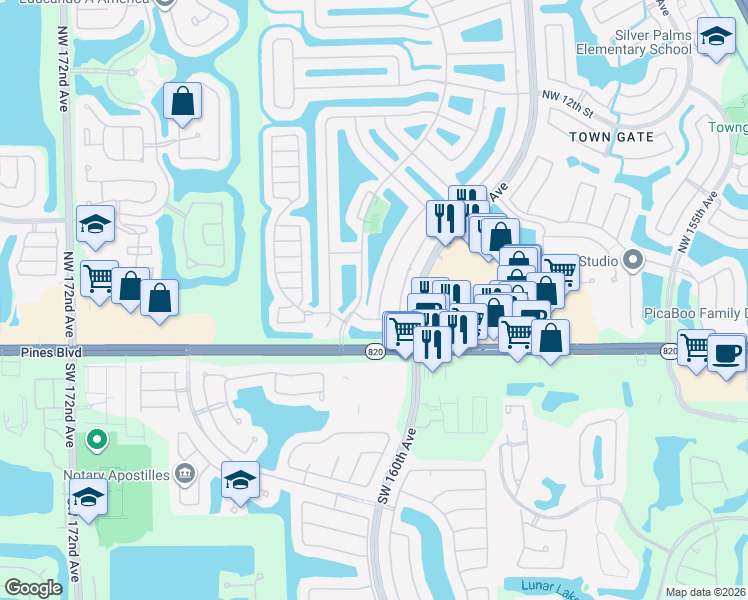 map of restaurants, bars, coffee shops, grocery stores, and more near 192 Northwest 162nd Avenue in Pembroke Pines