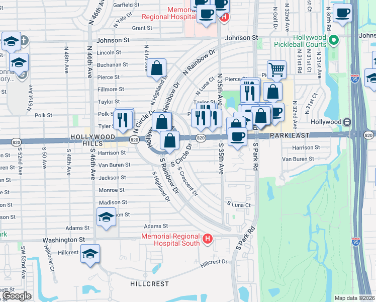 map of restaurants, bars, coffee shops, grocery stores, and more near 3833 South Circle Drive in Hollywood