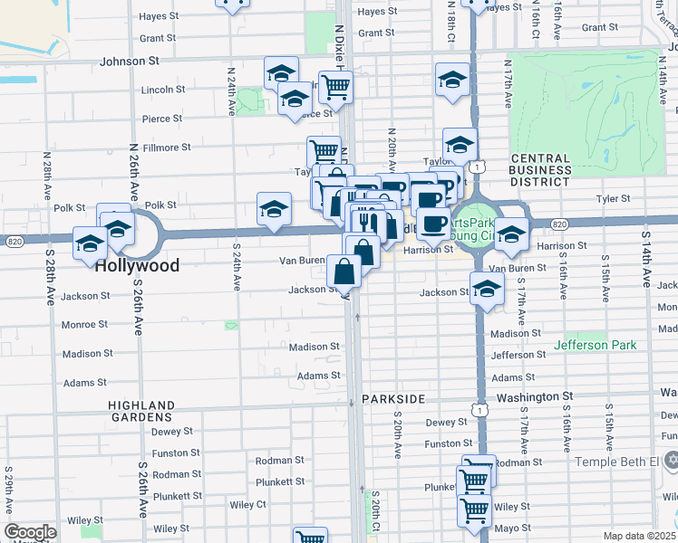 map of restaurants, bars, coffee shops, grocery stores, and more near 2100 Van Buren Street in Hollywood