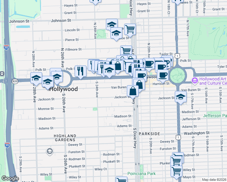 map of restaurants, bars, coffee shops, grocery stores, and more near 2240 Van Buren Street in Hollywood