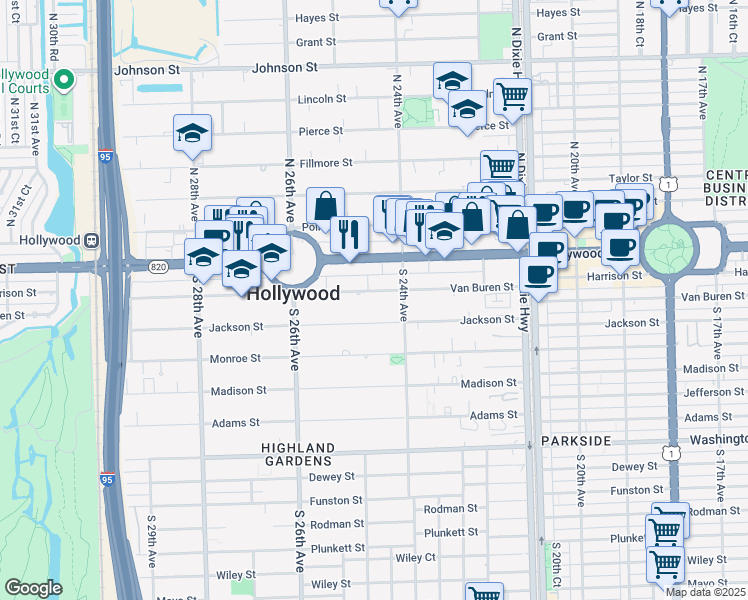 map of restaurants, bars, coffee shops, grocery stores, and more near 2423 Van Buren Street in Hollywood
