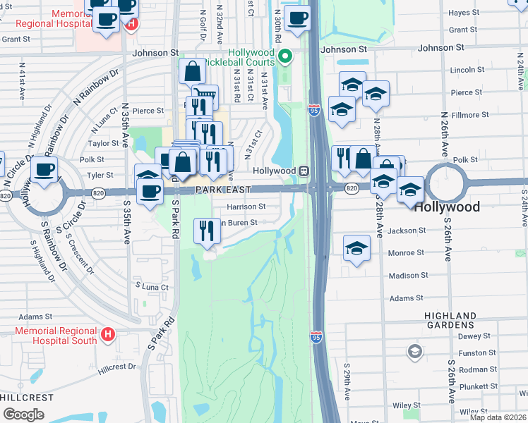 map of restaurants, bars, coffee shops, grocery stores, and more near 3125 Harrison Street in Hollywood