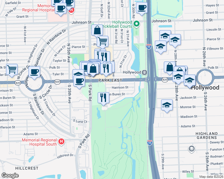 map of restaurants, bars, coffee shops, grocery stores, and more near 3211 Harrison Street in Hollywood