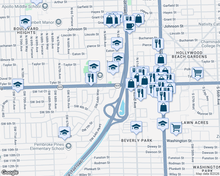 map of restaurants, bars, coffee shops, grocery stores, and more near in Pembroke Pines