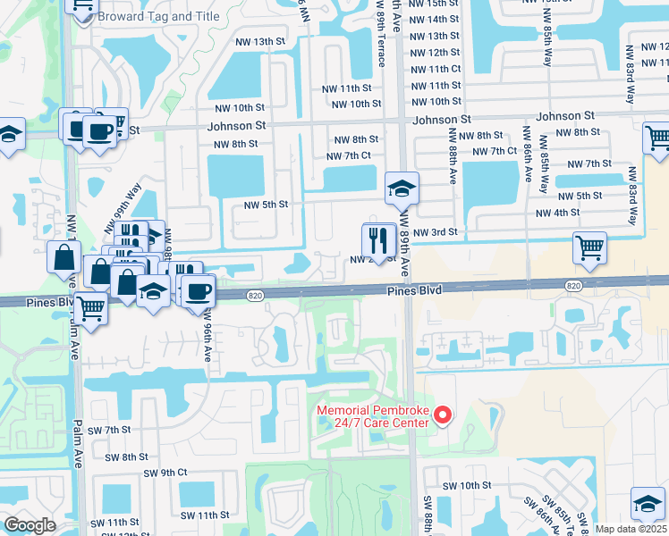 map of restaurants, bars, coffee shops, grocery stores, and more near 154 Northwest 92nd Avenue in Pembroke Pines