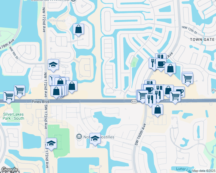 map of restaurants, bars, coffee shops, grocery stores, and more near 16534 Northwest 3rd Street in Pembroke Pines