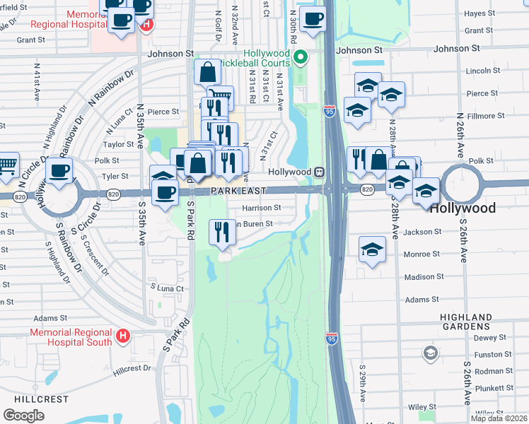map of restaurants, bars, coffee shops, grocery stores, and more near 3125 Harrison Street in Hollywood