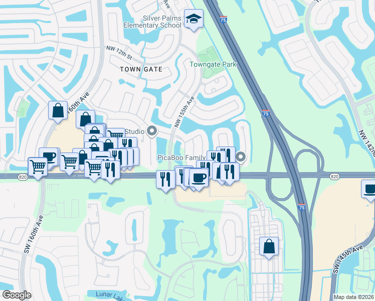 map of restaurants, bars, coffee shops, grocery stores, and more near 372 Northwest 153rd Lane in Pembroke Pines