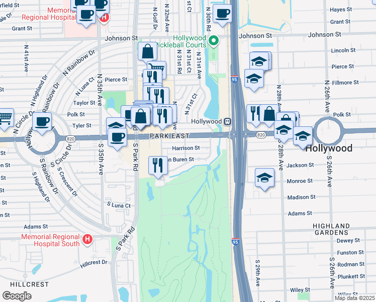 map of restaurants, bars, coffee shops, grocery stores, and more near 3125 Harrison Street in Hollywood