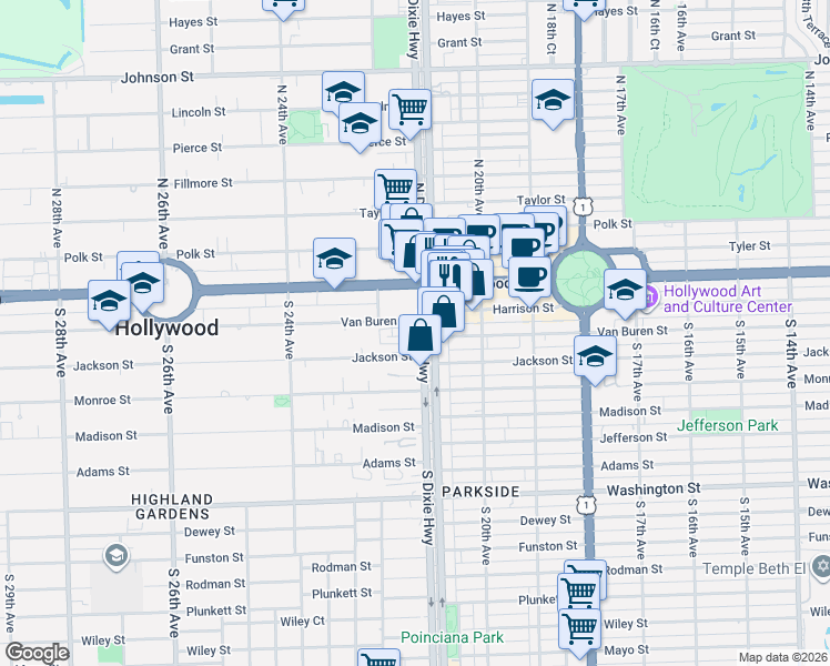 map of restaurants, bars, coffee shops, grocery stores, and more near 2100 Van Buren Street in Hollywood