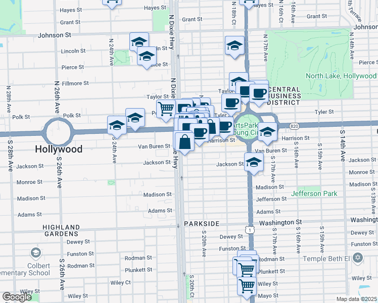 map of restaurants, bars, coffee shops, grocery stores, and more near 2035 Van Buren St in Hollywood