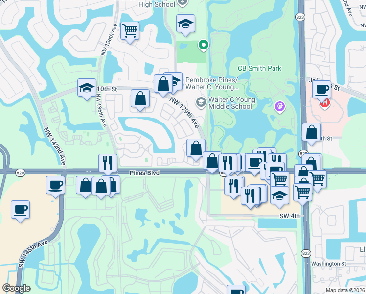 map of restaurants, bars, coffee shops, grocery stores, and more near 250 Northwest 130th Avenue in Pembroke Pines