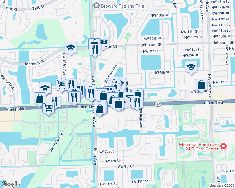 map of restaurants, bars, coffee shops, grocery stores, and more near 9953 Northwest 2nd Street in Pembroke Pines