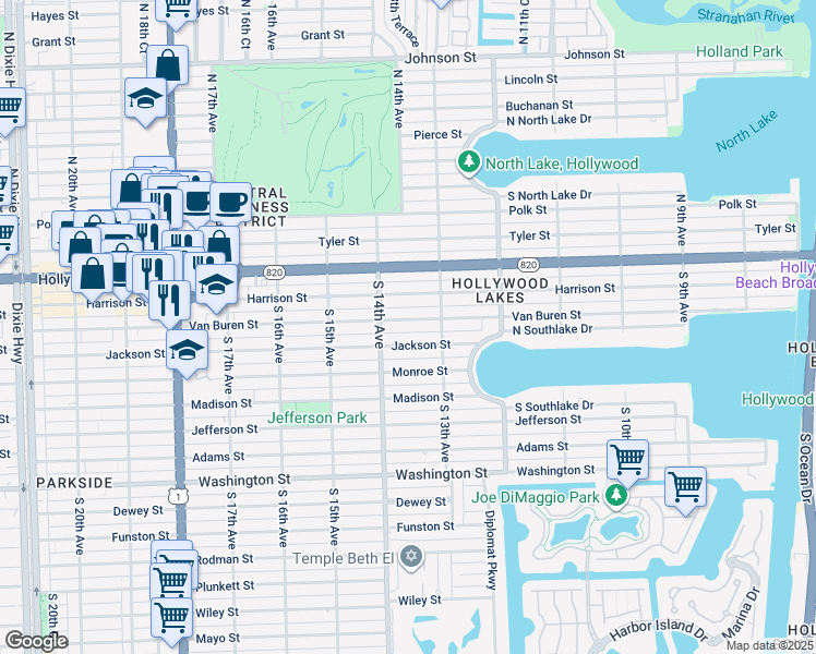 map of restaurants, bars, coffee shops, grocery stores, and more near 1351 Van Buren Street in Hollywood