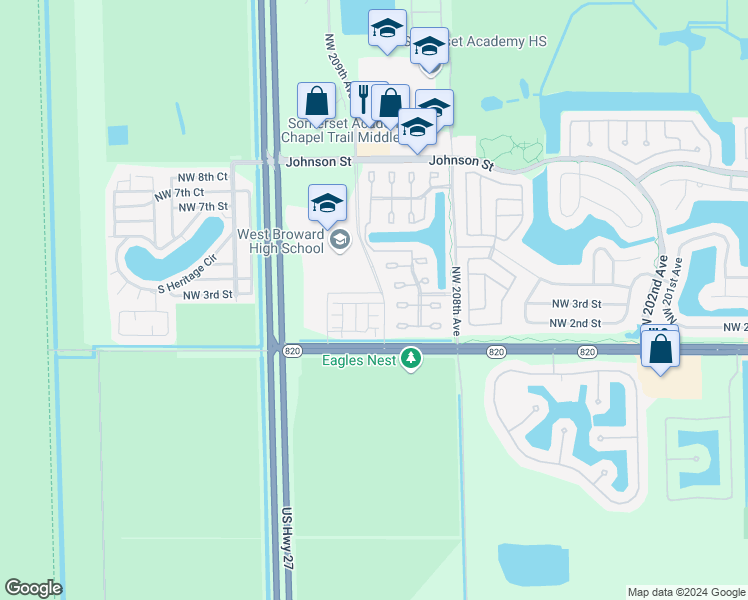map of restaurants, bars, coffee shops, grocery stores, and more near 20919 NorthWest 1st Drive in Pembroke Pines