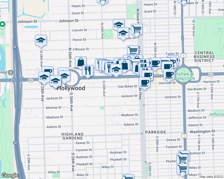 map of restaurants, bars, coffee shops, grocery stores, and more near 307 South 24th Avenue in Hollywood