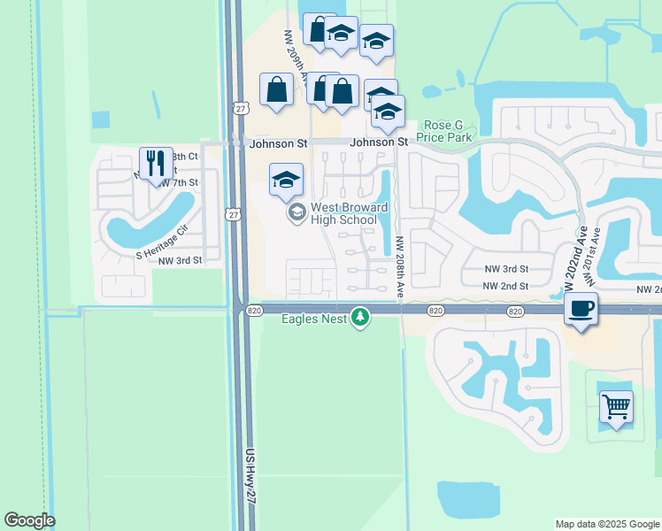 map of restaurants, bars, coffee shops, grocery stores, and more near 20919 NorthWest 1st Drive in Pembroke Pines