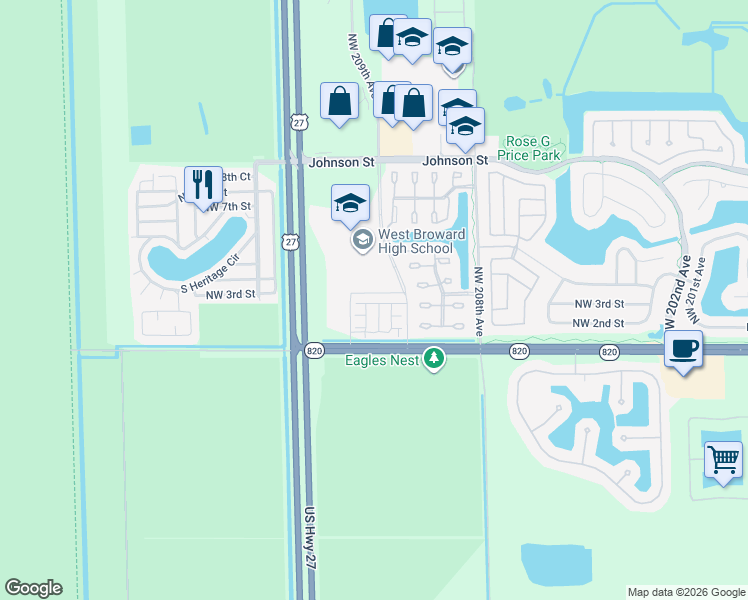 map of restaurants, bars, coffee shops, grocery stores, and more near 20961 NorthWest 1st Drive in Pembroke Pines