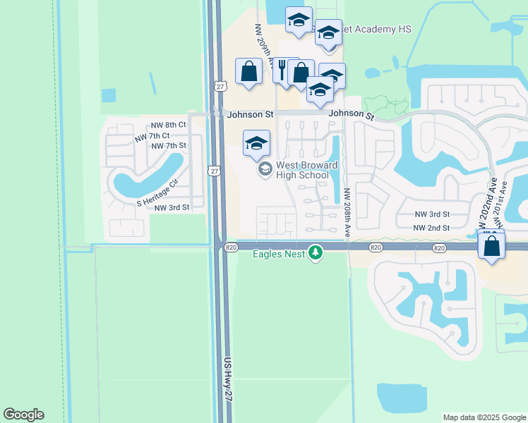 map of restaurants, bars, coffee shops, grocery stores, and more near 20961 NorthWest 1st Drive in Pembroke Pines