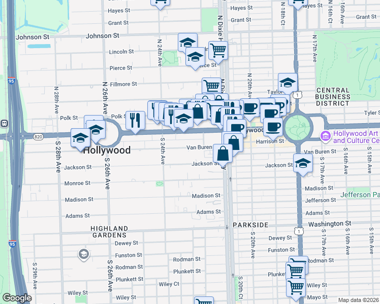 map of restaurants, bars, coffee shops, grocery stores, and more near 2240 Van Buren Street in Hollywood
