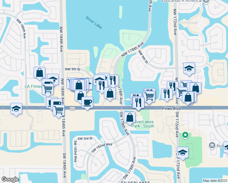 map of restaurants, bars, coffee shops, grocery stores, and more near 17913 Northwest 7th Street in Pembroke Pines