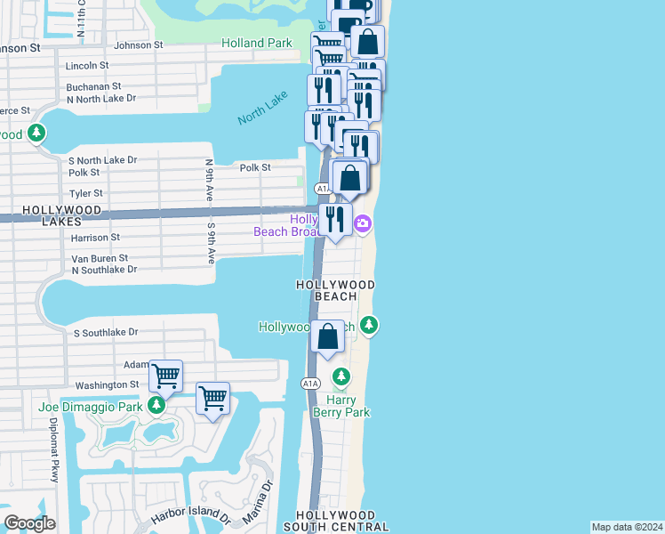 map of restaurants, bars, coffee shops, grocery stores, and more near in Hollywood