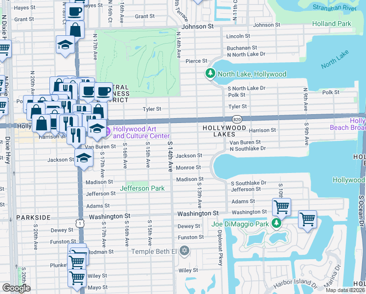 map of restaurants, bars, coffee shops, grocery stores, and more near 1351 Van Buren Street in Hollywood