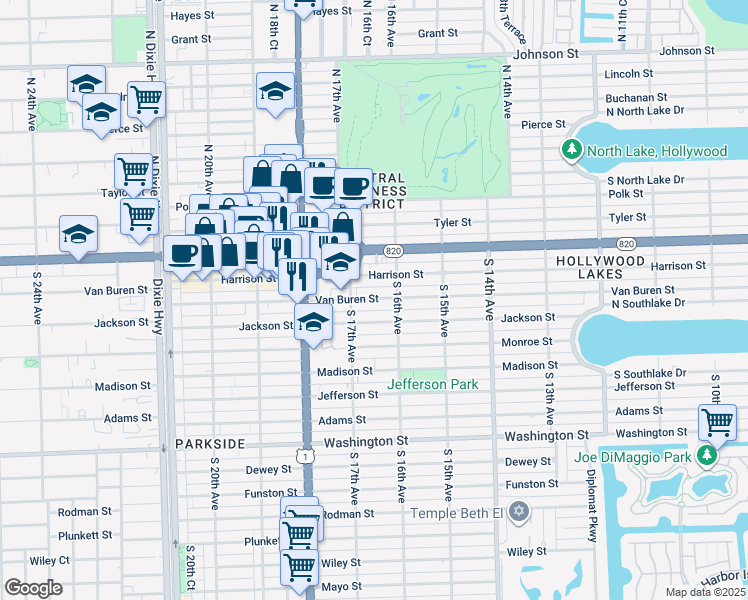 map of restaurants, bars, coffee shops, grocery stores, and more near 1647 Van Buren Street in Hollywood