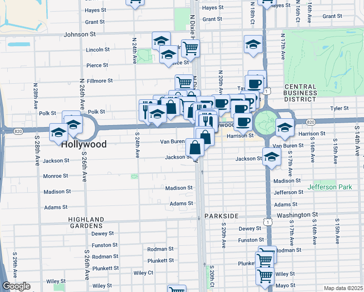 map of restaurants, bars, coffee shops, grocery stores, and more near 2150 Van Buren Street in Hollywood