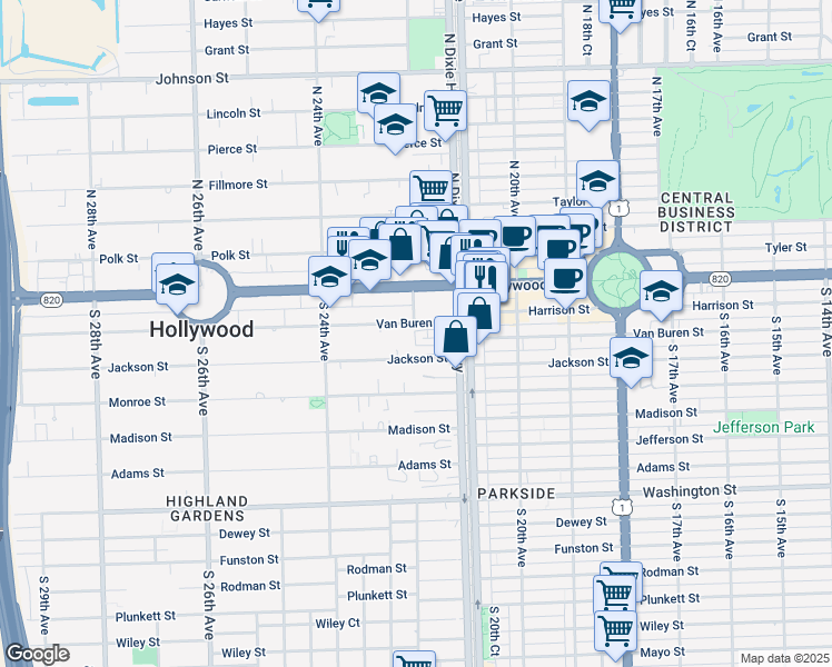 map of restaurants, bars, coffee shops, grocery stores, and more near 2150 Van Buren Street in Hollywood