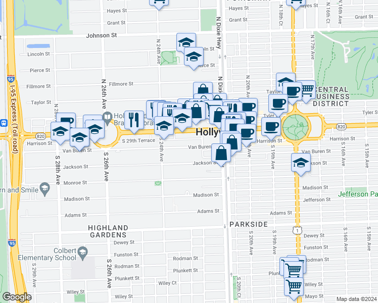map of restaurants, bars, coffee shops, grocery stores, and more near 2240 Van Buren Street in Hollywood