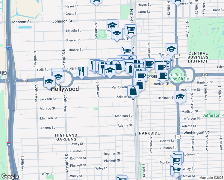 map of restaurants, bars, coffee shops, grocery stores, and more near 2240 Van Buren Street in Hollywood