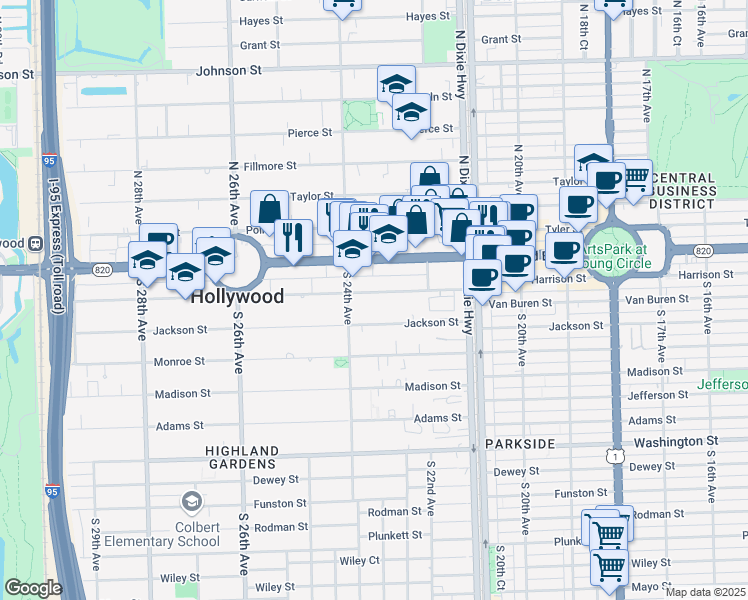 map of restaurants, bars, coffee shops, grocery stores, and more near 307 South 24th Avenue in Hollywood